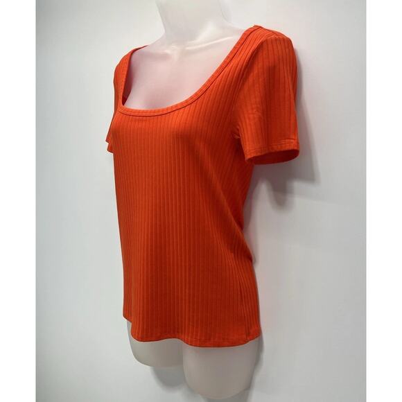 NWT Loft Short Sleeve Shirt Women Medium Orange Scoop Neck Ribbed Stretch Casual - Picture 4 of 8